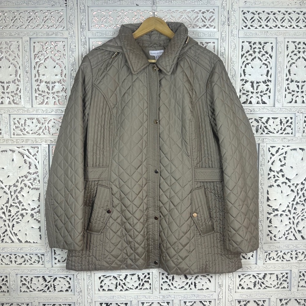 Susan Graver Sage Green Quilted‎ Puffer Full Zip Hooded Jacket Sz Large